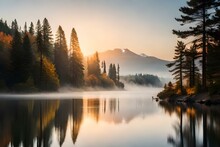 The Sun Slowly Rises, Casting A Soft Golden Glow Over The Lake. Towering Evergreen Trees Surround The Lake's Banks, Their Reflection Gently Rippling In The Water. 