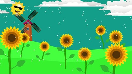 Wall Mural - Sunflowers and sun, it's rain 2d cartoon animation