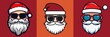 Holiday Christmas / santa claus day symbol with red background - Collection collage set of sticker of cool hipster santa claus or nicholas with sun glasses, illustration vector style (Generative Ai)