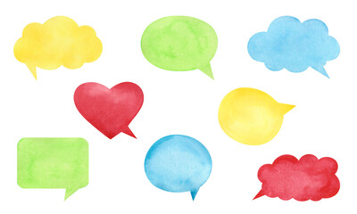 A set of multicolored, watercolor speech bubbles isolated on a white background. Hand-drawn. The texture of watercolor on paper. Doodle. An element for design and decoration.