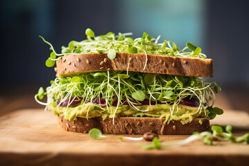 Avocado sandwich with microgreen sprouts on wooden cutting board.