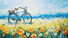 Illustration Of Colorful Spring Or Summer Flower Field Blooming And Bicycle In Painting Style.morning Nature In Peaceful.generative Ai Art