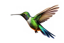 Image Of A Hummingbird With Spread Wings In Flight On A White Background. Wildlife. Bird. Illustration, Generative AI.
