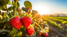 Strawberry Ripening In The Field At Sunset, Close Up