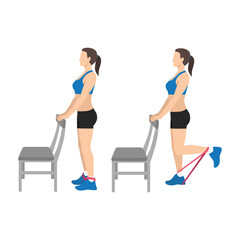 Wall Mural - Woman doing standing supported resistance band hamstring curls exercise. Flat vector illustration isolated on white background