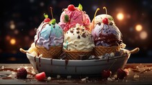 Sweet Ice Cream Of Various Colors And Filled With Fruit, Cream And Chocolate Sprinkles