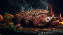 Grilled Steak With Melted Barbeque Sauce On A Black And Blurry Background