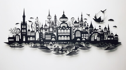 Poster - black pen illustration in paper cut style on white isolated background