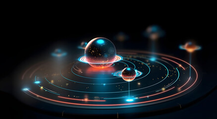 3d planetarium and satellite on hologram. Generative AI. 