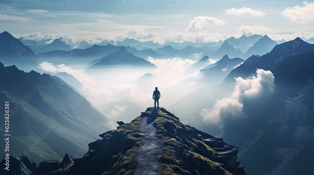 Silhouette of a person standing on the top of mountain peak with high ...