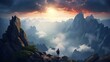 © Virtual Art Studio - Silhouette of a person standing on the top of mountain peak with high sky background