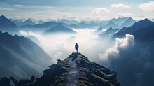 Silhouette Of A Person Standing On The Top Of Mountain Peak With High Sky Background. Generative AI