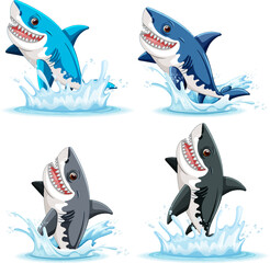 Wall Mural - A cartoon illustration of a great white shark with big teeth, smiling and leaping out of the water