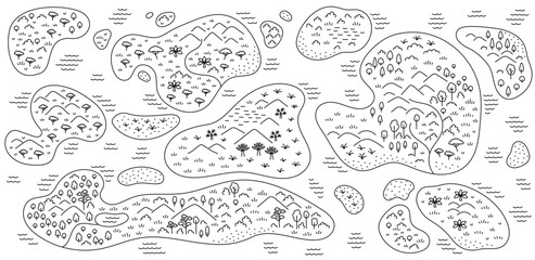 fictional islands map sketch. editable outline. vector line.