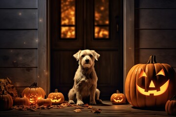 Poster - Dog sits at door of house with pumpkins for holiday of halloween