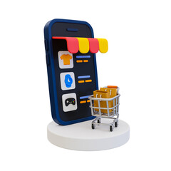 3d minimal online shopping concept. e-commerce store. digital shopping. storefront smartphone with shopping cart. 3d illustration.