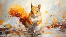 Painting Style Illustration Cute Squirrel In Autumn Wood, Generative Ai