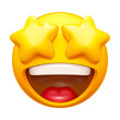 Starry eyed emoji. Excited emoticon face with yellow star shaped eyes and happy wide opened mouth 3D vector icon