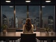 Female employee with long brown hair sitting in the meeting room seen from behind. Generative ai