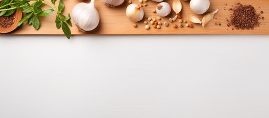 Poster - Photo of a colorful assortment of vegetables on a rustic wooden cutting board with copy space