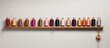 Photo of colorful spools of thread neatly arranged on a shelf with copy space