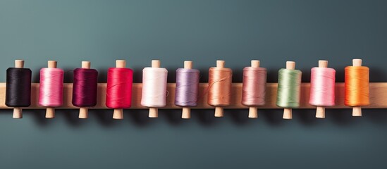 Aufkleber - Photo of a wooden rack filled with colorful spools of thread, offering endless possibilities for creativity and craftsmanship with copy space