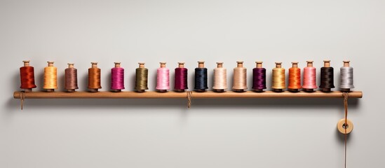 Aufkleber - Photo of colorful spools of thread neatly arranged on a shelf with copy space