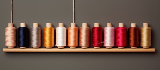 Poster - Photo of a colorful display of spools of thread on a rustic wooden shelf with empty space for text or design with copy space