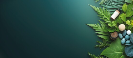 Poster - Photo of green leaves and pills on a vibrant background with copy space