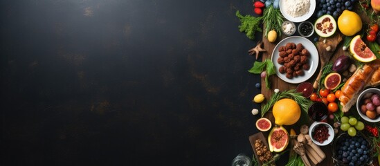 Poster - Photo of a colorful assortment of fresh fruits and vegetables on a table with copy space