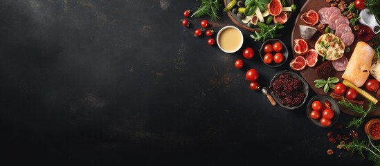 Poster - Photo of a delicious platter of meats and vegetables on a sleek black background with copy space
