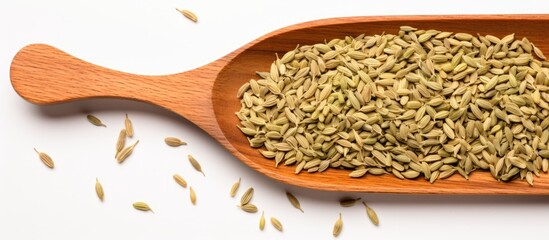 Aufkleber - Photo of a wooden spoon filled with seeds on top of a white table with copy space with copy space