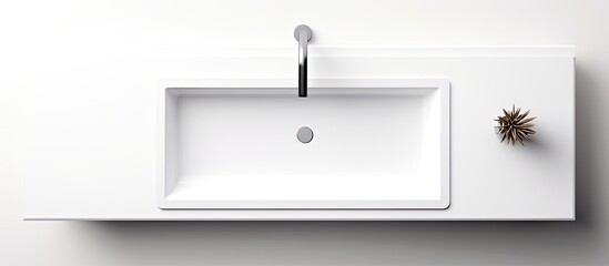 Wall Mural - Photo of a minimalist white sink mounted on a wall with empty space for creative use with copy space