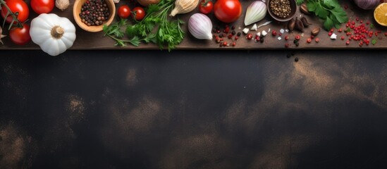 Poster - Photo of a colorful assortment of fresh fruits and vegetables with copy space