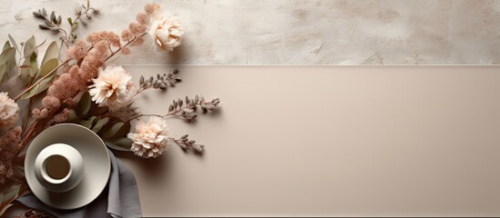 Poster - Photo of a beautifully arranged vase of flowers and a cup on a table with plenty of space for your own message or design with copy space