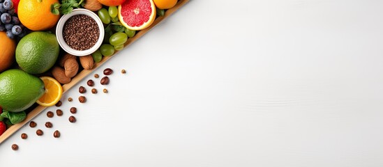 Poster - Photo of a vibrant arrangement of fruits and vegetables forming a colorful triangle with copy space
