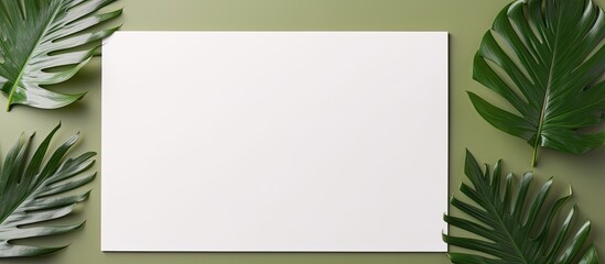 Aufkleber - Photo of a blank paper surrounded by tropical leaves on a green background with copy space