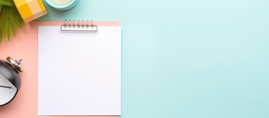 Poster - Photo of a cup of coffee and a notepad on a desk with plenty of space for writing or doodling with copy space