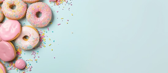 Aufkleber - Photo of a colorful stack of donuts with sprinkles on a vibrant blue background with copy space