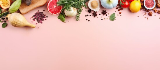Wall Mural - Photo of a colorful assortment of fruits and vegetables on a vibrant pink background with copy space