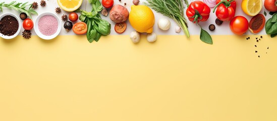Poster - Photo of a colorful assortment of fruits and vegetables on a vibrant yellow background with copy space