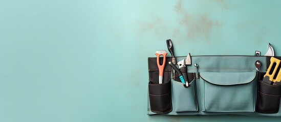 Poster - Photo of a tool holder with a variety of tools neatly arranged on a table with copy space