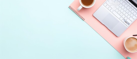 Leinwandbilder - Photo of a laptop computer and a cup of coffee on a desk with copy space