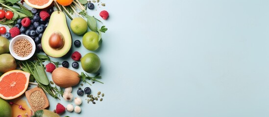 Poster - Photo of a colorful assortment of fruits and vegetables on a vibrant blue background with copy space