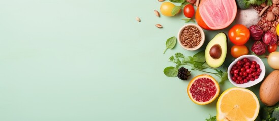 Poster - Photo of a colorful assortment of fruits and vegetables on a vibrant green background with copy space