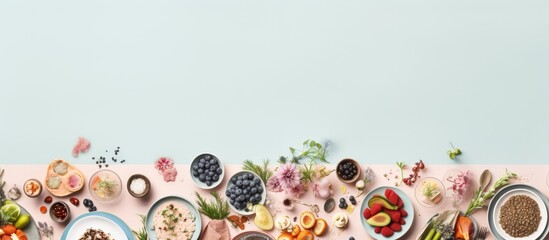 Photo of a table filled with a variety of deliciously plated dishes with copy space