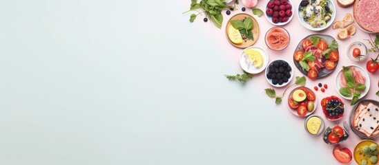 Poster - Photo of a colorful and healthy heart shaped display of fresh fruits and vegetables with copy space