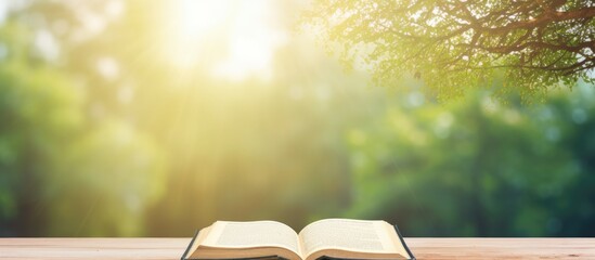 Poster - Photo of an open book on a rustic wooden table with plenty of empty space for text or other elements with copy space