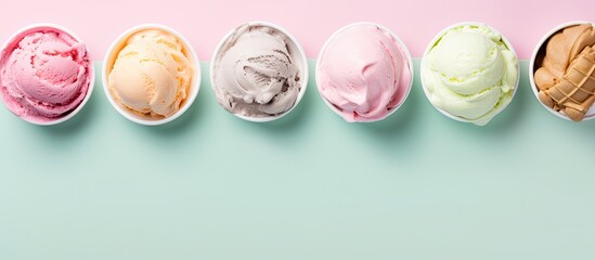 Sticker - Photo of a colorful lineup of ice cream cones with various flavors with copy space