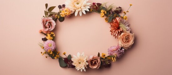 Poster - Photo of a beautiful flower wreath on a vibrant pink wall with plenty of copy space with copy space